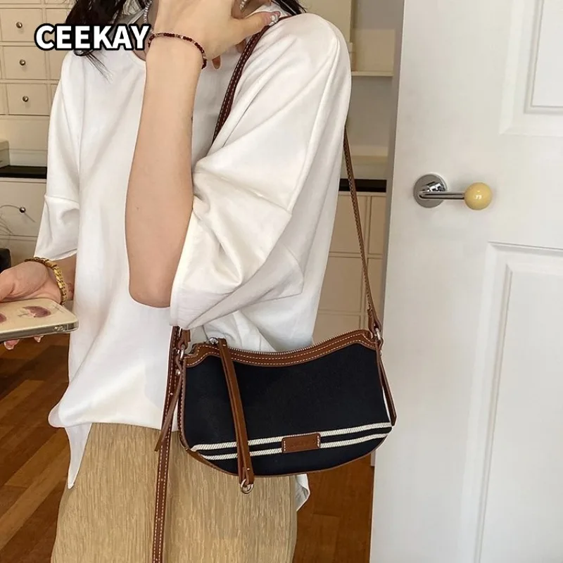 

CEEKAY Retro Stripe Canvas Underarm Bag PU Edge Silver Hardware Light Portable Shoulder Purse for Campus Soft Feminine Daily