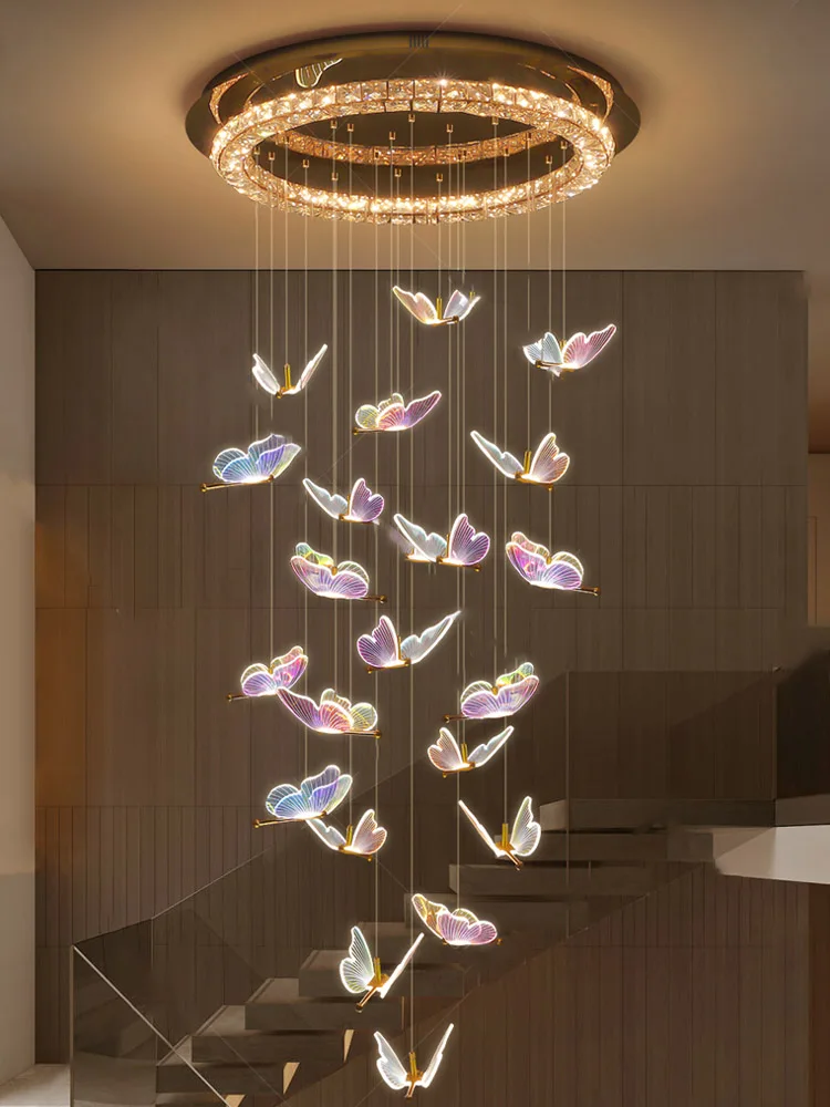 2024 Acrylic Butterfly Long Chandelier Spiral Turn Villa Duplex Staircase Chandelier Indoor Apartment Crystal Modern Chandelier