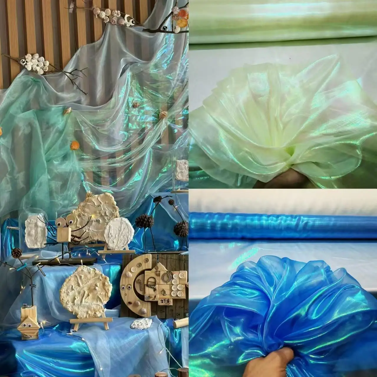 

Декоративная ткань для детского сада в морской тематике: иллюзорный градиент, двухцветная, из стеклянной сетки, с эффектом переливания цвета, для оформления.