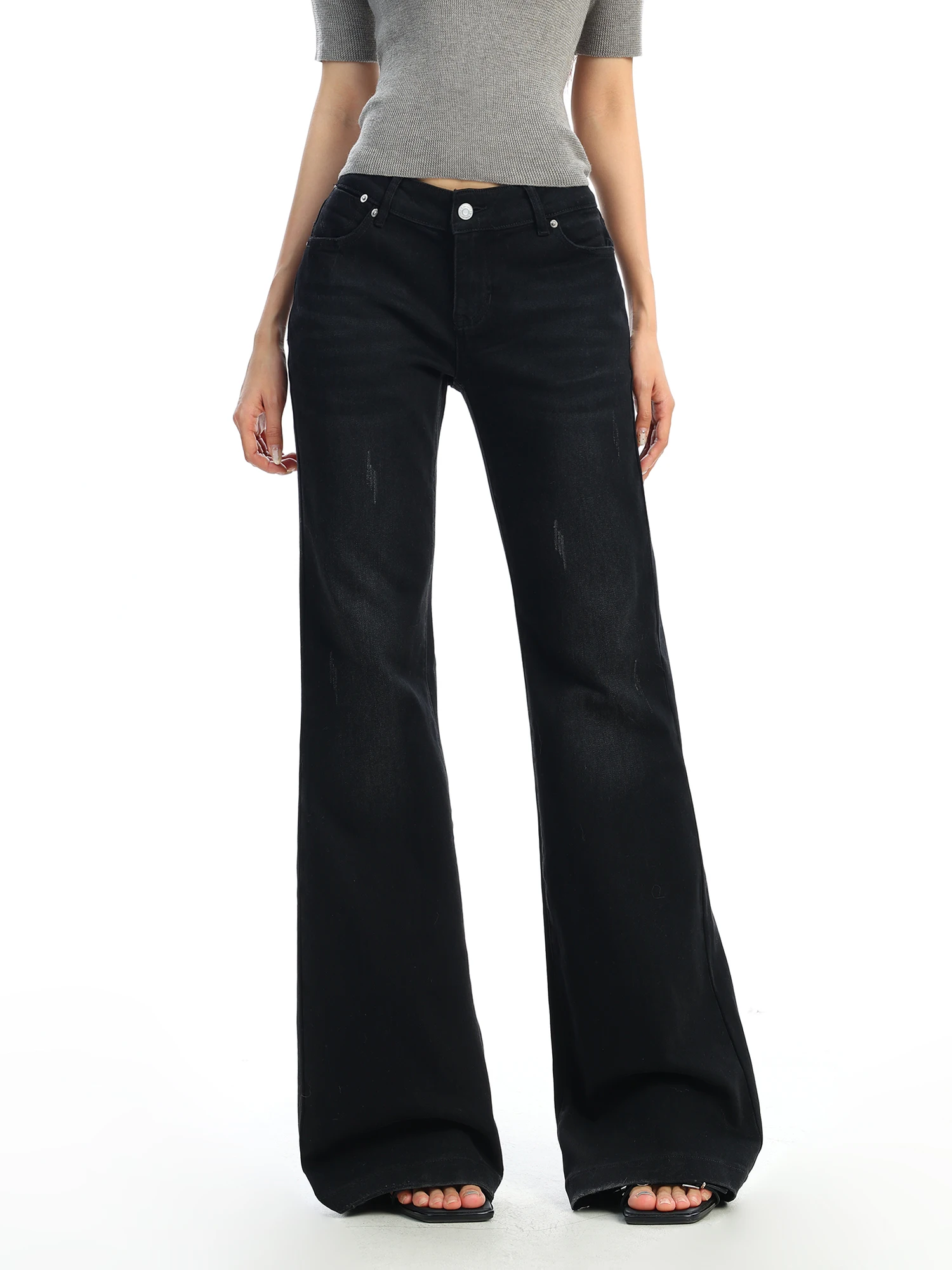 

Low Waist Bell Bot Denim Jeans Women's Bla Waed Straight Leg Stretchy Floor Length Pants Slim Fit Ladies Jeans