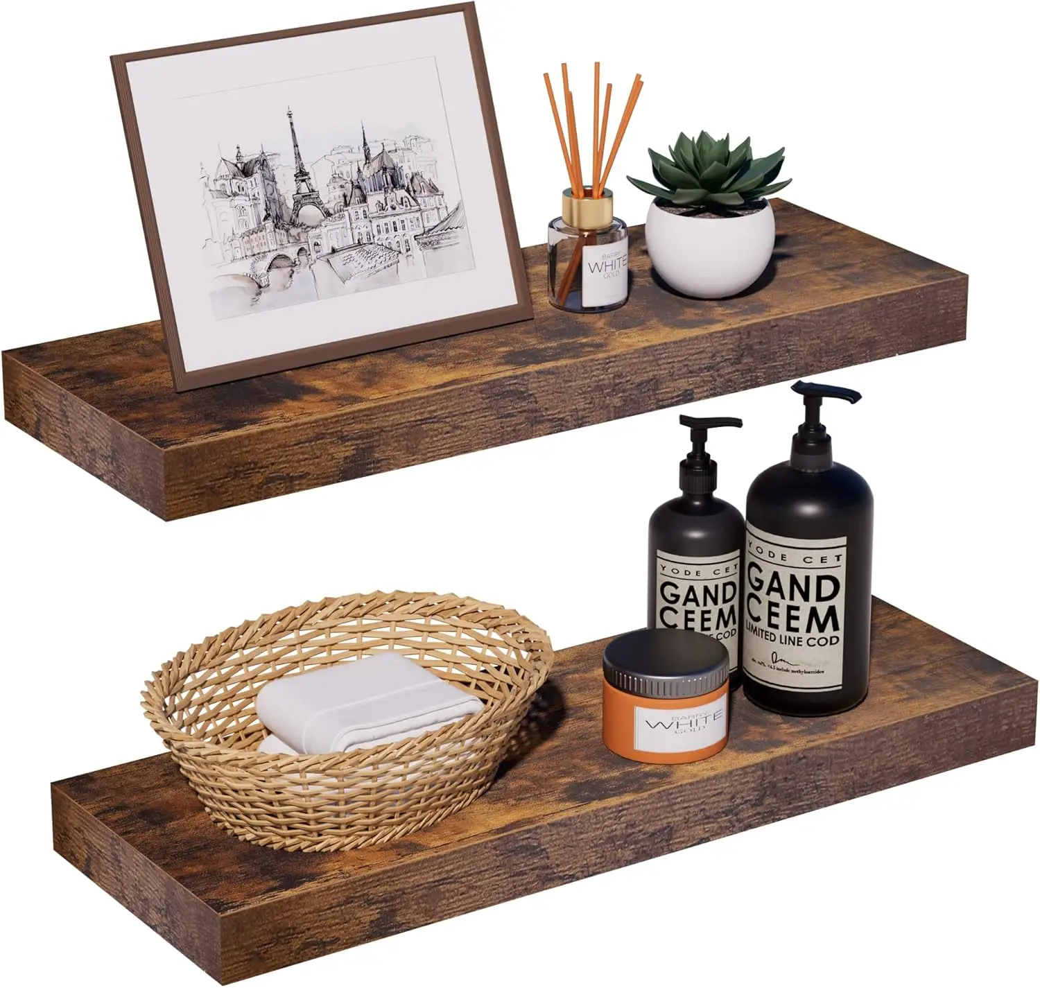 

Rustic Brown Floating Shelves for Wall，24in Wall Mounted Display Ledge Shelves Perfect for Bedroom, Bathroom, Living R