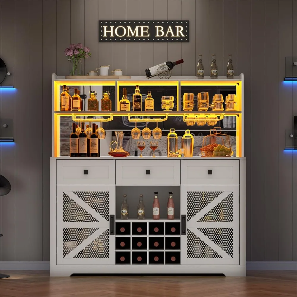 Kabinet Bar Anggur Rumah Pertanian dengan Lampu LED, Kabinet Bar Kopi Dapur dengan Cermin Akrilik, Rak Anggur & Kaca, Rak Penyimpanan a