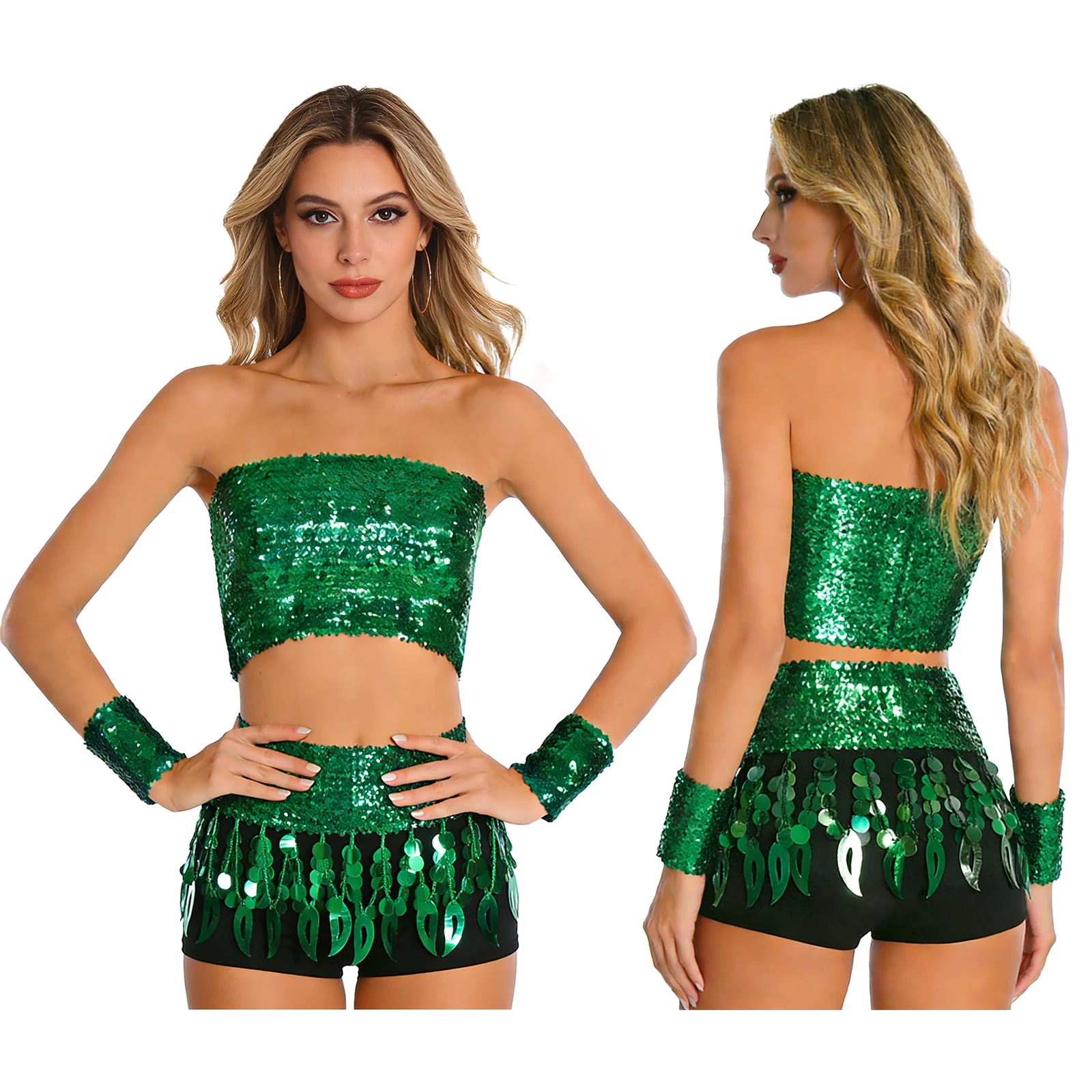 

Womens Jazz Disco Dance Outfits Strapless Elastic Corset Crop Top with Wristbands Sequin Fringe Miniskirt for Hip Hop Dancewear