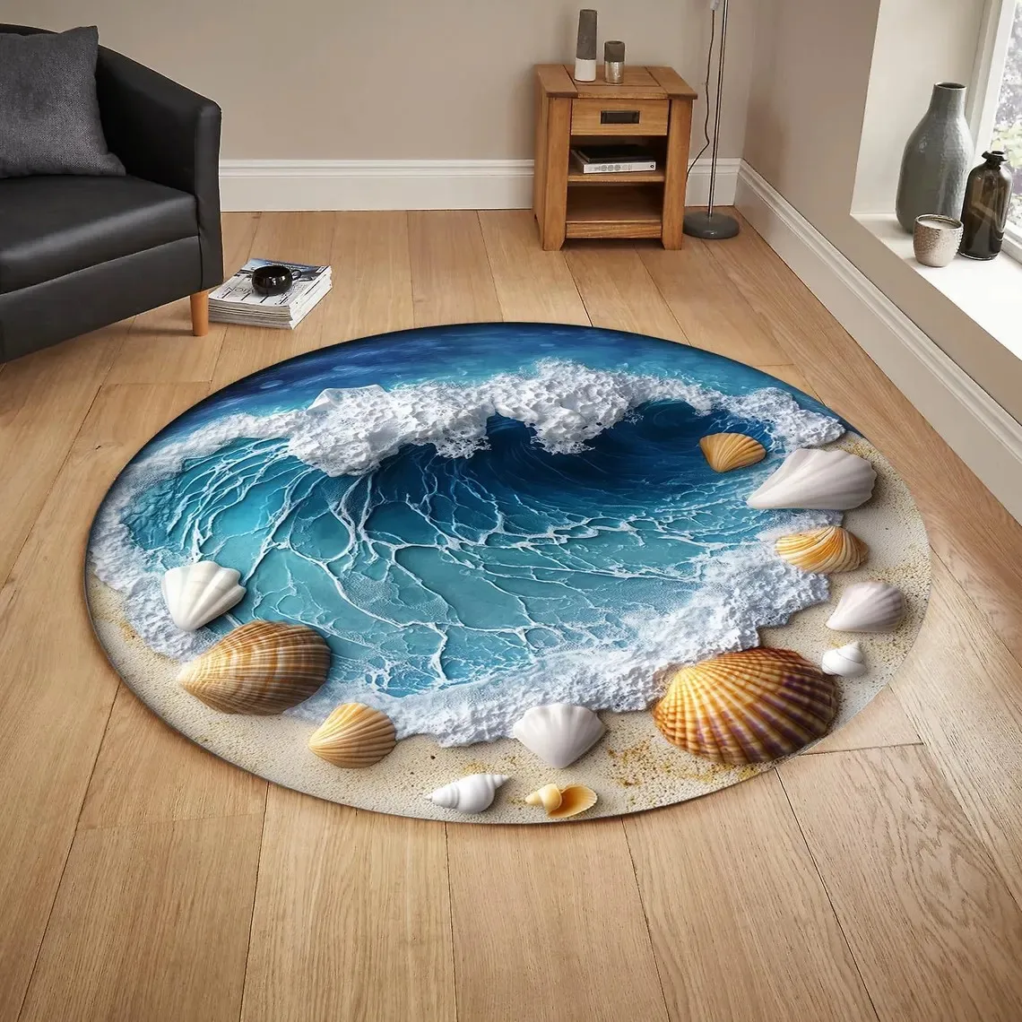 Beach Theme Round Rug Blue Ocean Wave Seashell Sand Non‑Slip Circular Floor Carpet for Bedroom Rest Area Decor