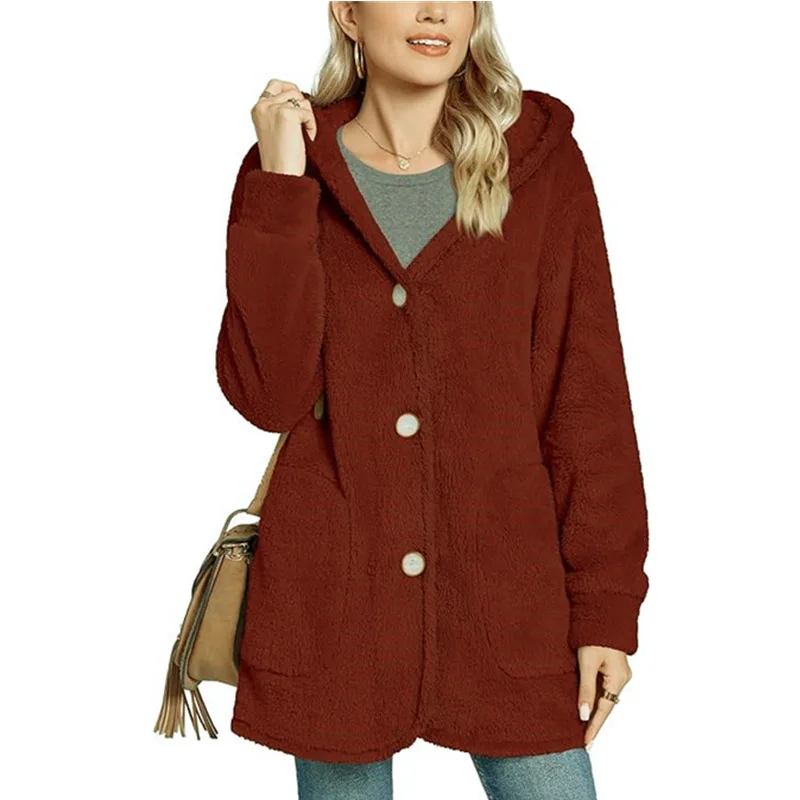 Women's Plush Hooded Button Pocket Cardigan Casual Jacket Women's Clothing