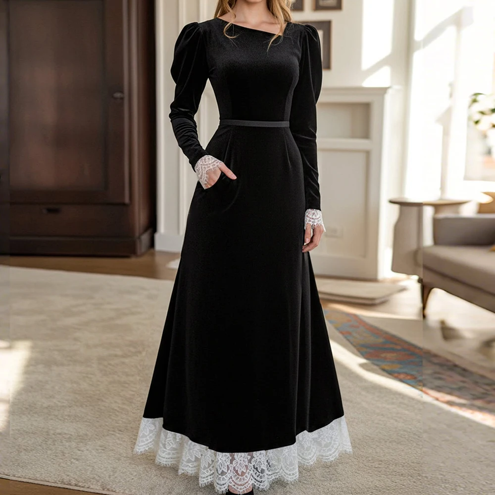

Customized A-line Evening Dresses Ankle-length V-neck Full Sleeve Prom Gown Simple Fashion Lace Draped Casual Party Gown
