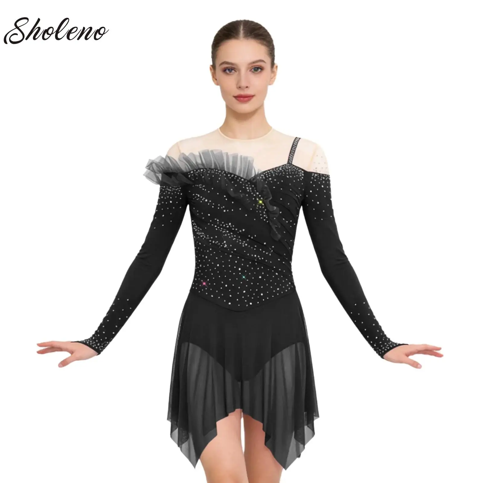 

Women Rhinestones Ruched Ballet Lyrical Dancing Dress Long Sleeve Rhinestone Dress for Gymnastics Latin Performance Competition