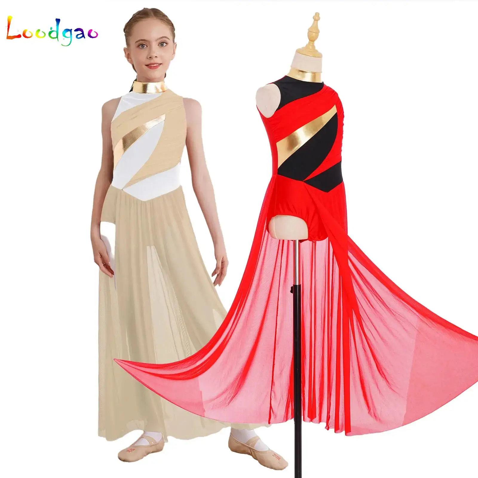 

Girl Lyrical Dance Long Dress Color Block Mesh Split Skirted Leotard Ballet Figure Skating Gymnastics Stage Performance Costumes