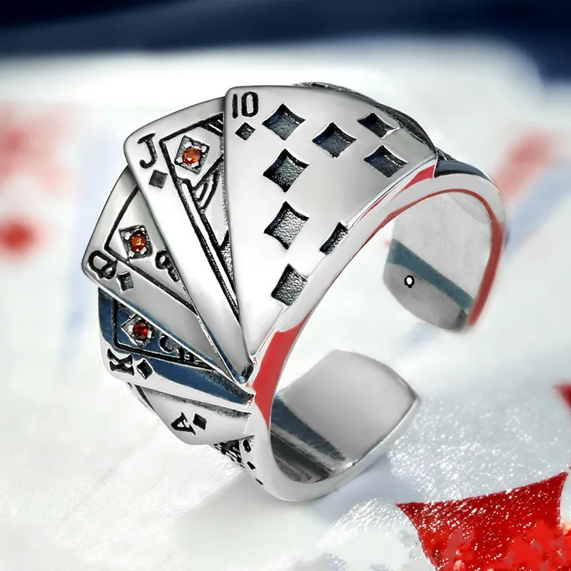 Vintage Punk Straight Flush Poker Opening Ring Exaggerated Playing Card Zircon Finger Ring Men Women Punk Hio Hop Couple Jewelry