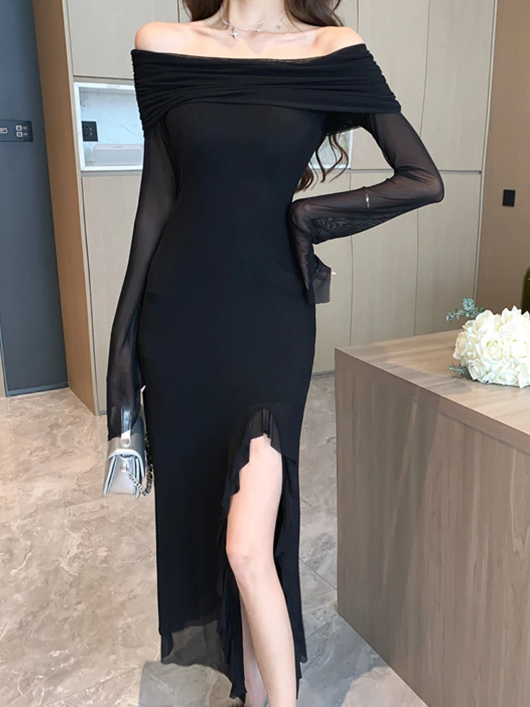 Women Clothes Mesh Black Sexy Off-Shoulder Skinny Maxi Long Evening Dress Elegant Lady Fashion Party Club Prom Vestidos Robe New