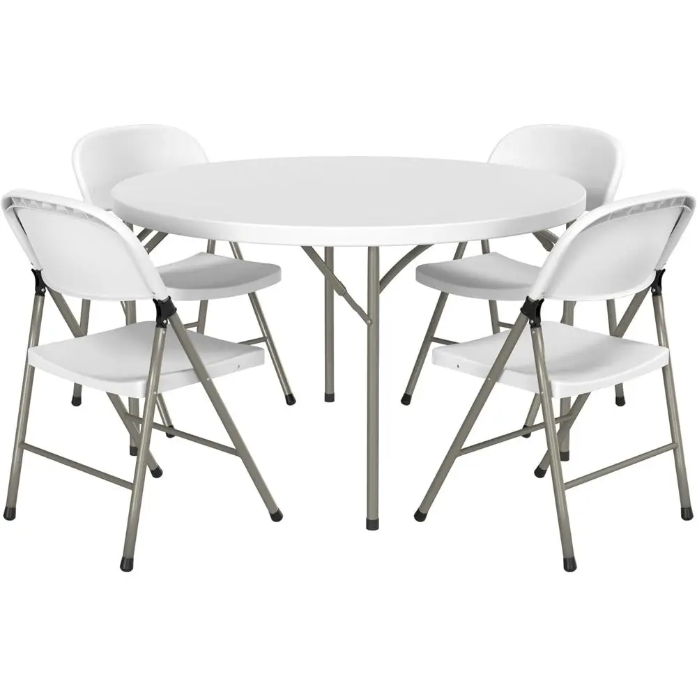 

48 White Granite-Look Plastic Folding Heavy-Duty Table Set with 4 Chairs for Restaurant or Wedding Events