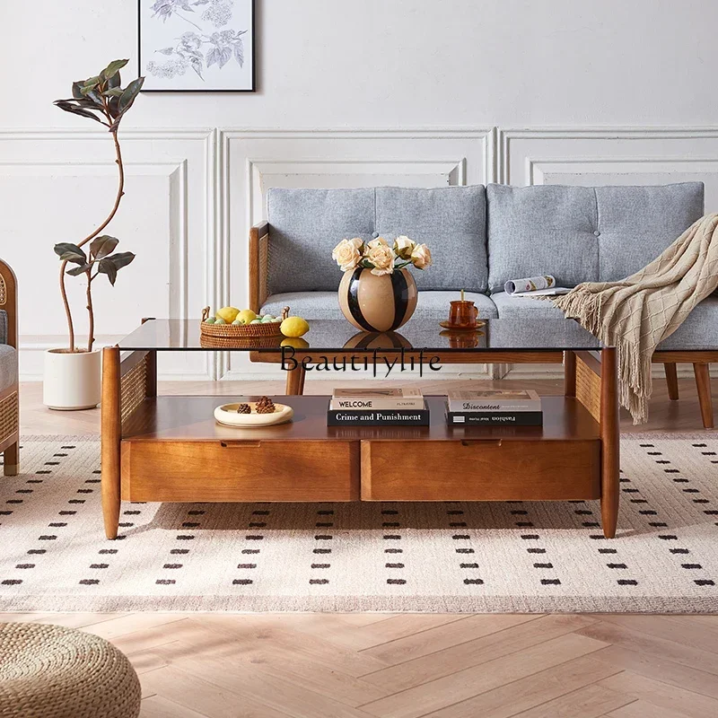01Solid Wood Living Room Rectangular Rattan Glass Coffee Table Simple Side Table Modern Small Apartment Home