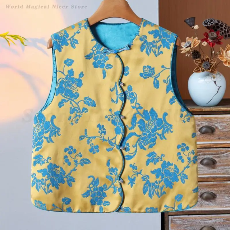 2025 Spring Summer Vests Chinese Style Traditional Vest Women Elegant Vintage Button Down Tang Clothes Print Hanfu Tops Jacket