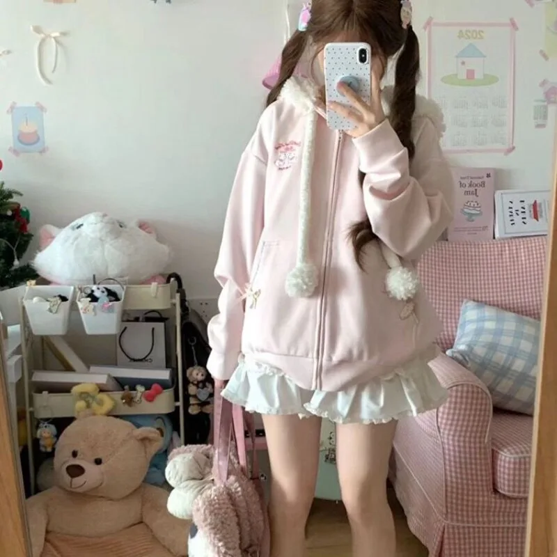 Kawaii Hooded Coat Women Zipper Jacket Cute Embroidery Pink Sweatshirts Y2k Hoodie Girl Lovely Overcoat New Clothing Spring Fall