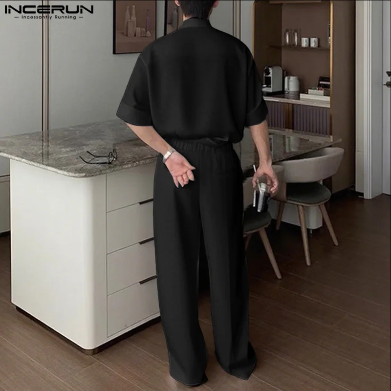 Incerun conjuntos masculinos cor sólida com decote em v camisa de manga curta e calças duas peças define streetwear solto 2025 moda casual ternos masculinos