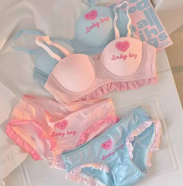 Lolita Inspired Lingerie Set for Small Chest, Wireless Push Up Bralette to Enhance Curves, Sweet Love Star Style Bra& Panty Set