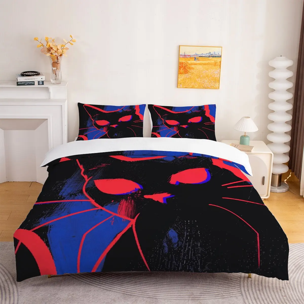 Ensemble de couette en duvet aux yeux rouges, taille extra large, effet néon et lumière, 1 housse de couette et 2 taies pour vêtements