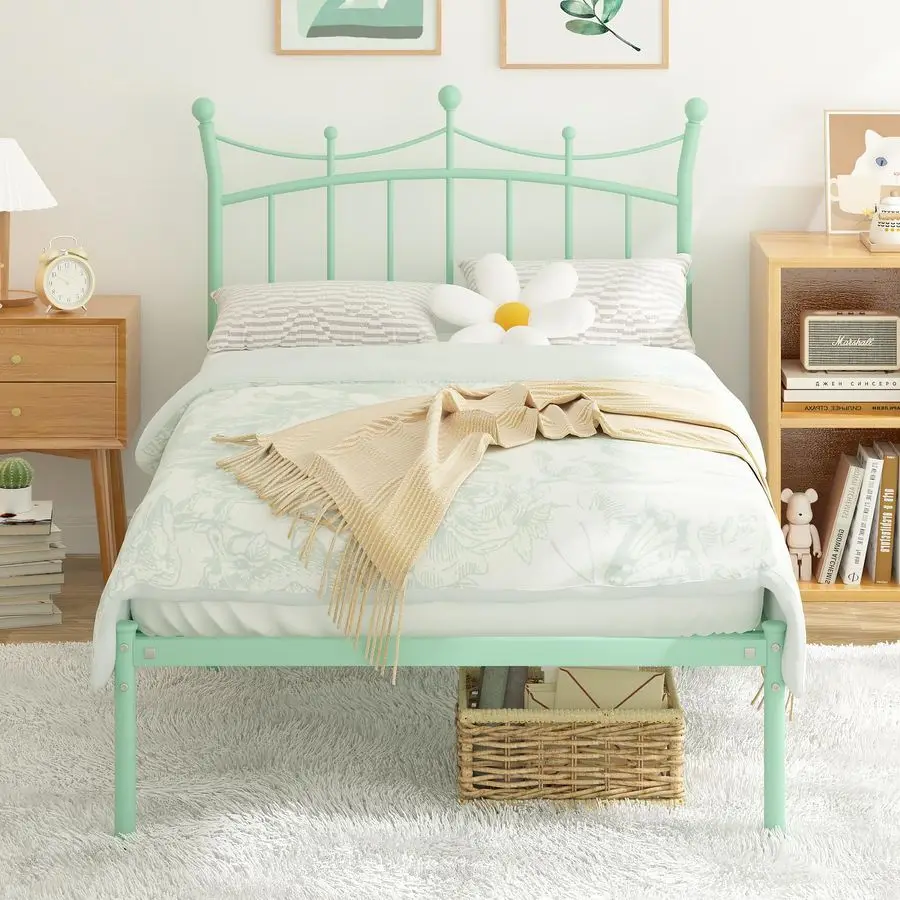 

Bed Frames for Kids, Twin Size Bed with CrownShaped Headboard No Box Spring Needed Heavy Duty Metal Platform Easy Assembly, Pale