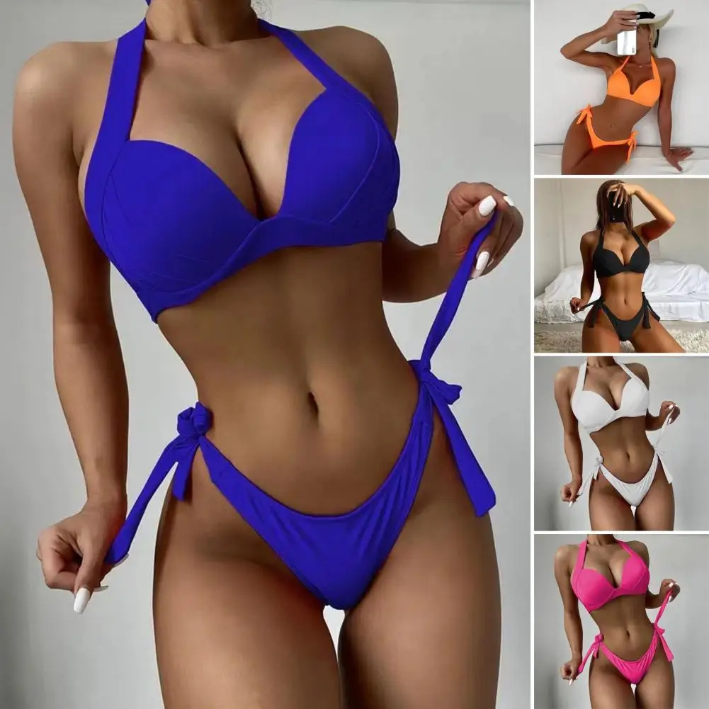 Strap Detail Bikini Set 2pcs Women Bikini Set Halter Bra with Chest Pad Lace-up Swimming Beachwear Pool Vacation Sexy Swimsuit