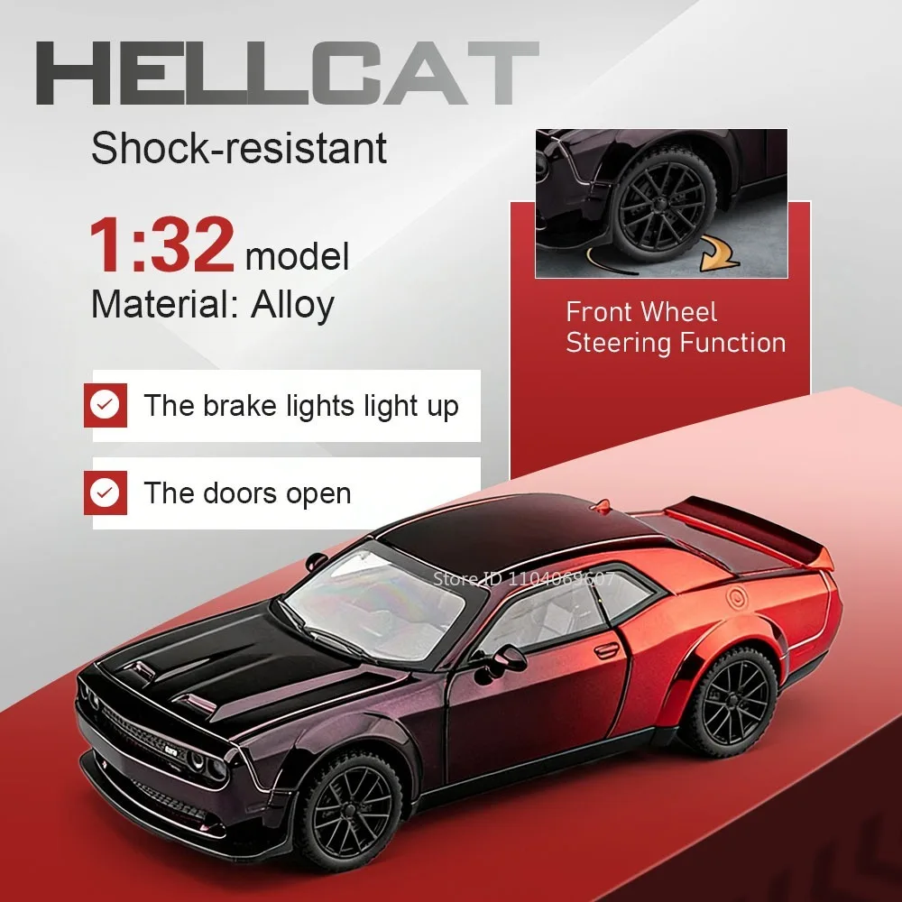 

1:32 Hellcat GTR Sports Car Alloy Model Toys Diecast Doors Opened Pull Back Sound Light Rubber Tires Ornament Supercar Models