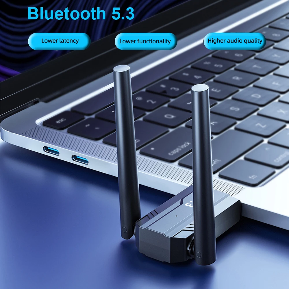 Bluetooth 5.3 Receiver Adapter Wireless Audio Receiver Transmitter USB Dongle Dual Antenna 150M for Keyboard Mouse Speaker