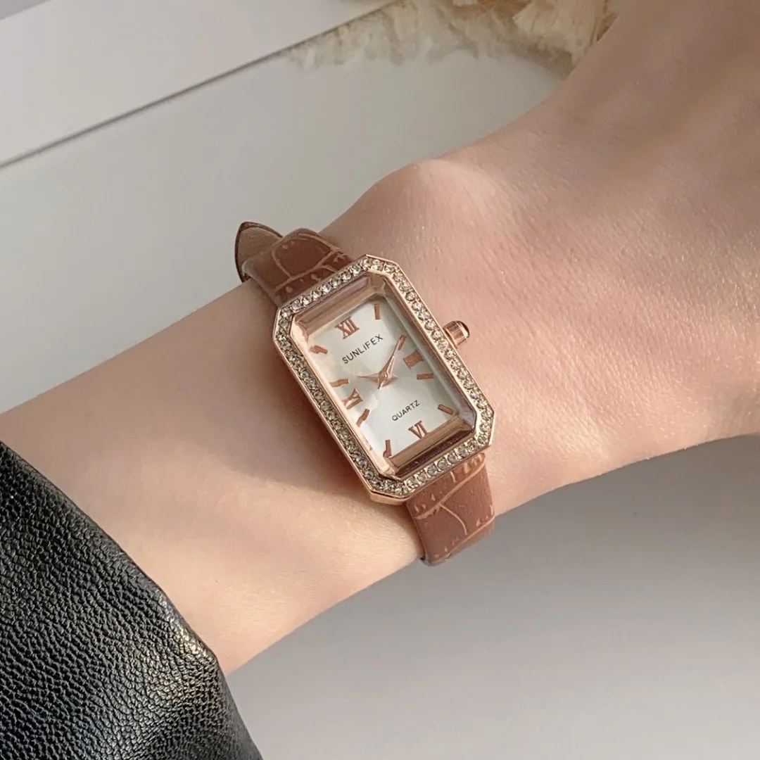 Casual Women's Coffee Brown Leather Strap Watch Fashionable With Rhinestone Watches Rectangle Dial Wristwatch reloj para mujer