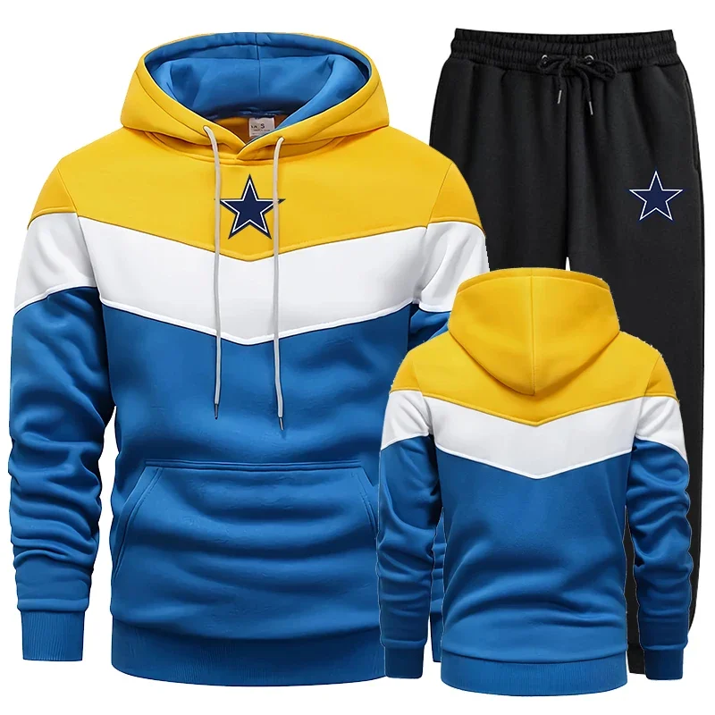 Autumn Winter Mens Tracksuit Print Tricolor Hooded Sweatshirts+Black Jogging Pants 2 Piece Set High Quality Warm Casual Clothing