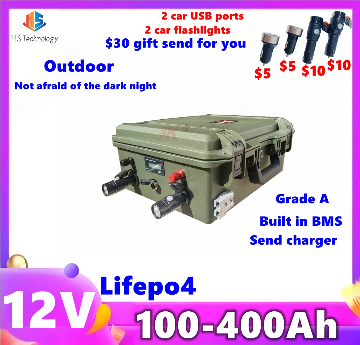 

HS 12V Lifepo4 100AH 150Ah 180Ah 200Ah 250Ah 300Ah 400Ah Lithium Battery for EV boat,1000W Trolling Motor Solar Panel Outdoor RV