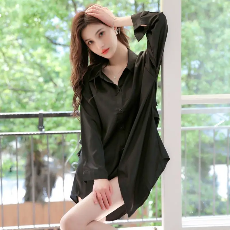 Sexy Nightdresses Women\'s Summer Fashion Thin Short Sleeve Shirts Mid-length Loungewear Solid Color Simple Loose Female Pajamas