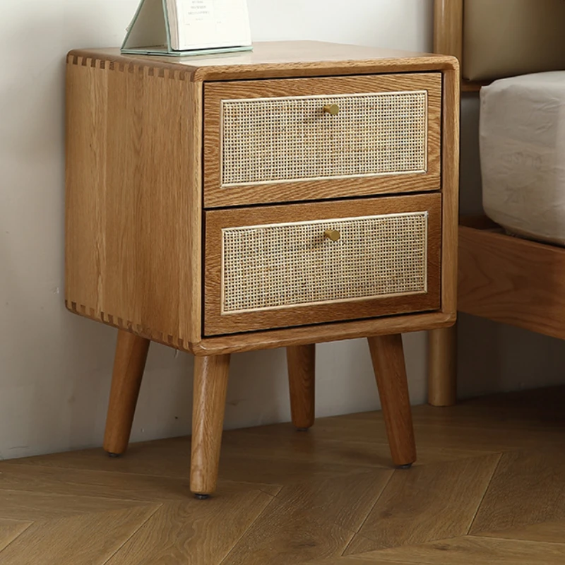 Natural Wood Bedside Cabinet Double Drawer Night Stand Indonesian Rattan Weaving Storage Cabinet Practical Bedroom Furniture