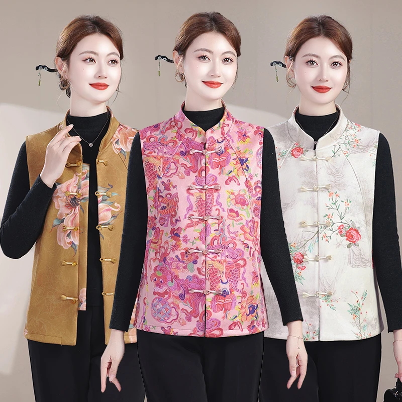 Chaleco de talla grande para madre, Top con estampado de estilo asiático de primavera, chaqueta informal sin mangas para mujer mayor