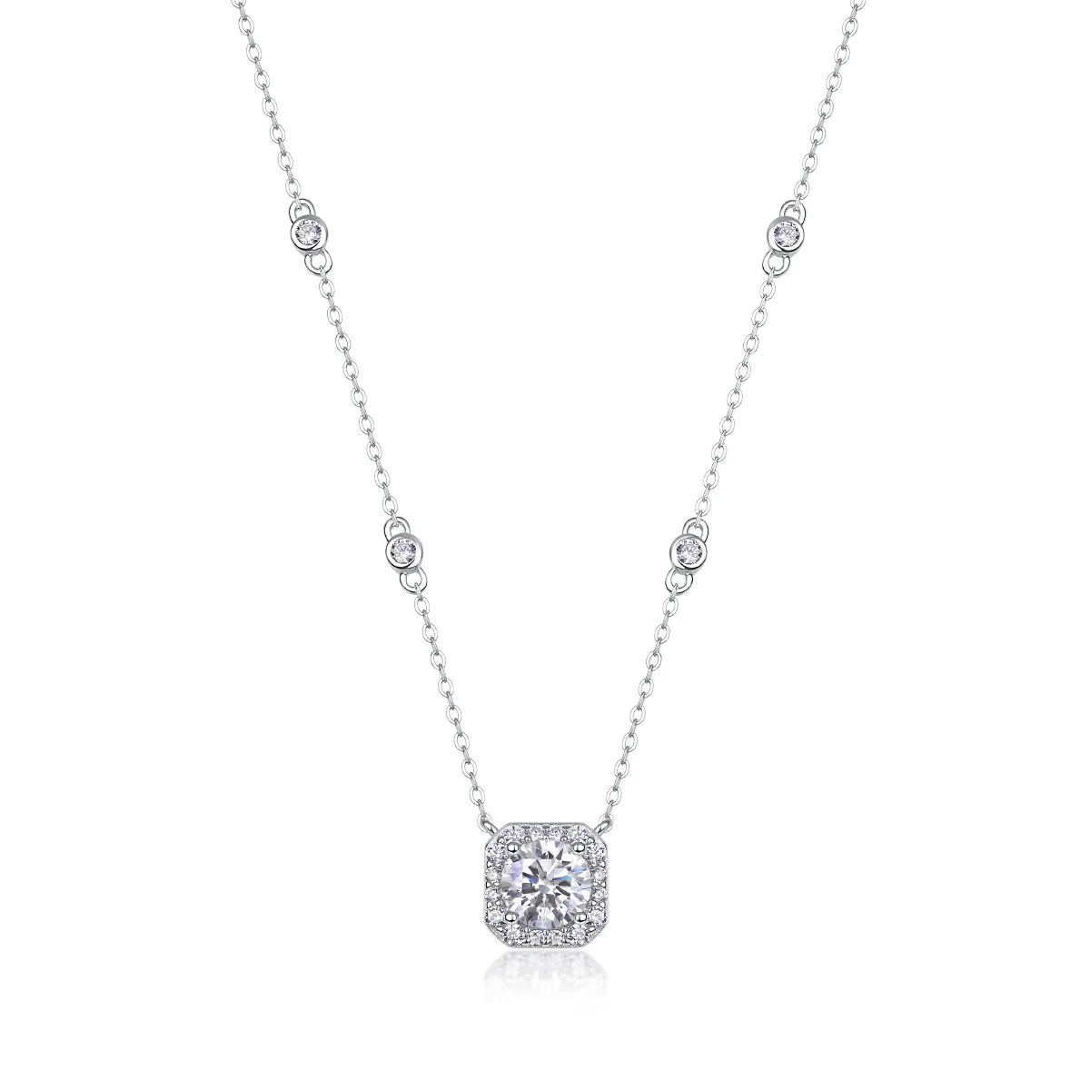 S925 Rhodium-Plated Silver 1CT D Color Micro-Pave Moissanite Square Pendant Necklace for Women, Exquisite Jewelry