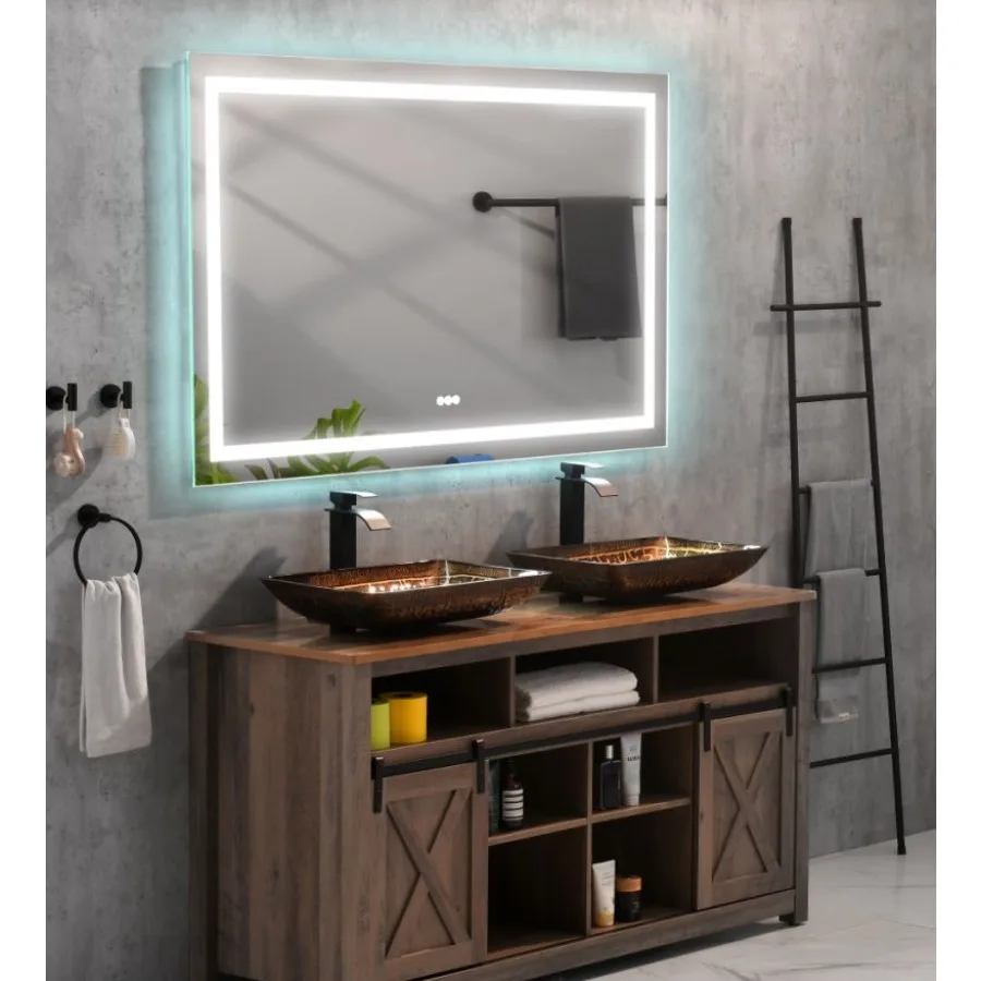 60 in. W x 36 in. H Frameless Bathroom Vanity Mirror Polished Crystal LED with 3 Color Lights for Wall