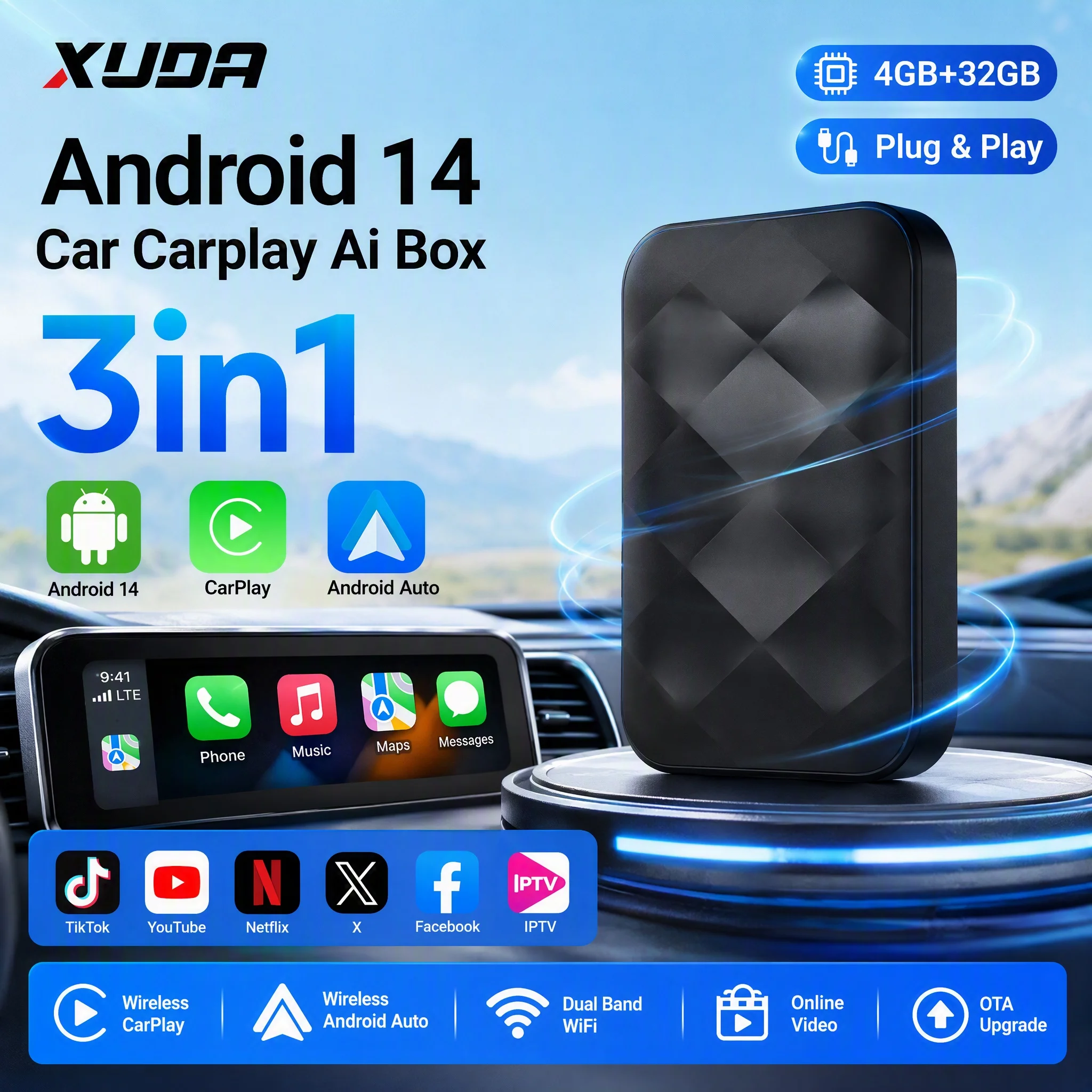 XUDA 2026 New Android14 Wireless CarPlay/Android Auto 3in1 CarPlay Ai Box 4Cores 4GB+32GB Plug and Play Stable Transmission