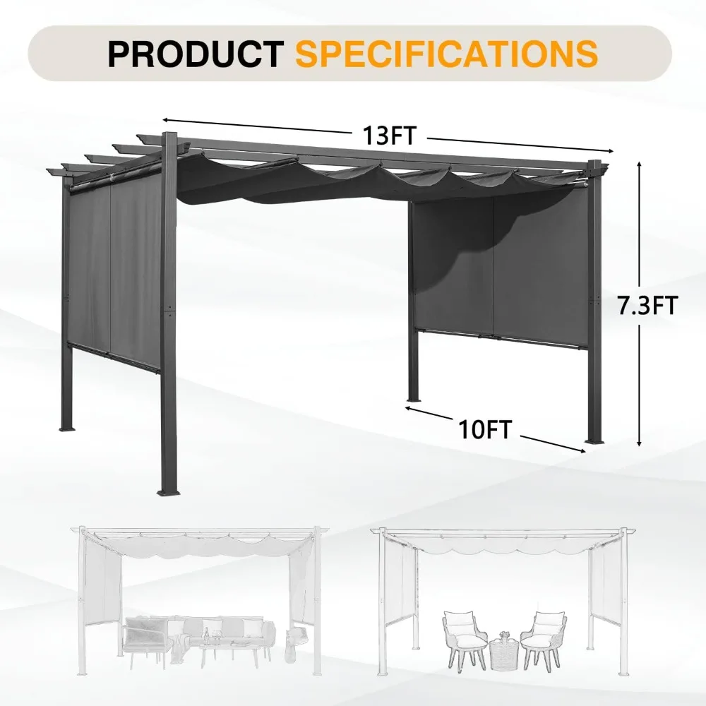 Outdoor Pergola with Retractable Canopy Aluminum Frame Patio Metal Shelter with Adjustable and Removable Sun Shade Canopy