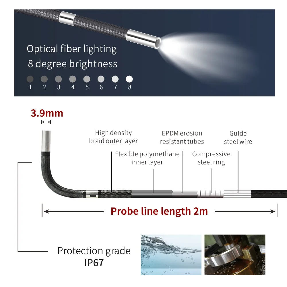 VS-P Industrial 3.9 Mm CMOS Fiber Transfer Endoscope 2m Length Borescope Camera USB Data Night Vision Automotive Tools