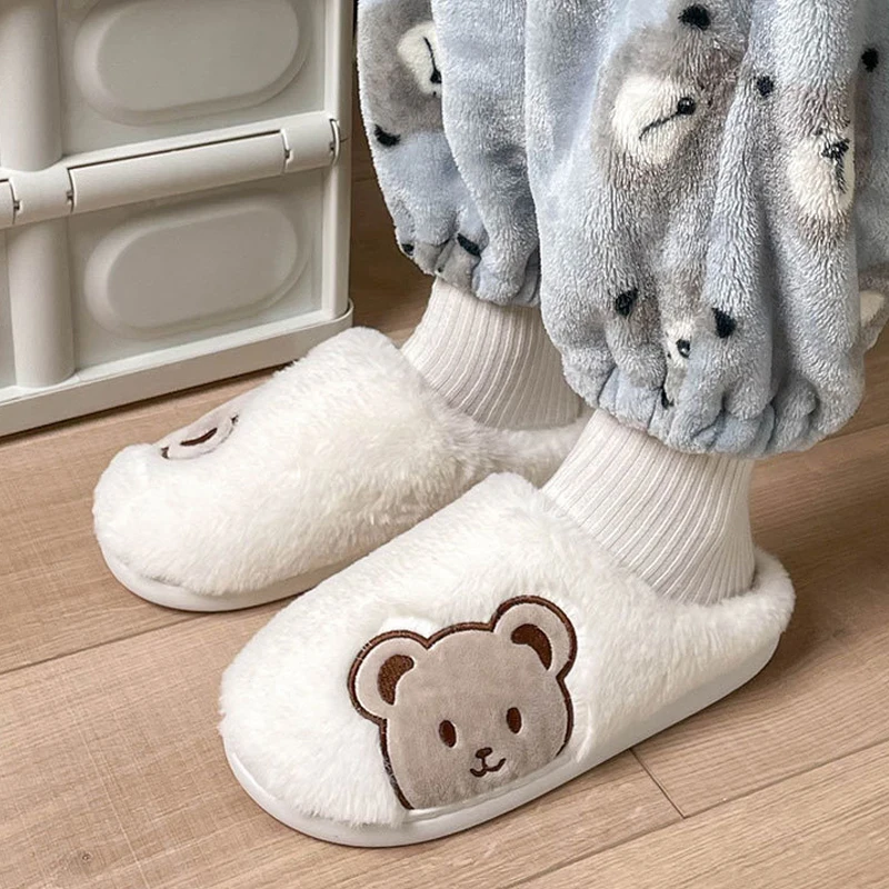 Gacimy Winter Furry Slippers For Women Fashion Animal Cotton Slippers Girls Cute Bear Warm Cozy Plush Slides Soft Cloud Slippers