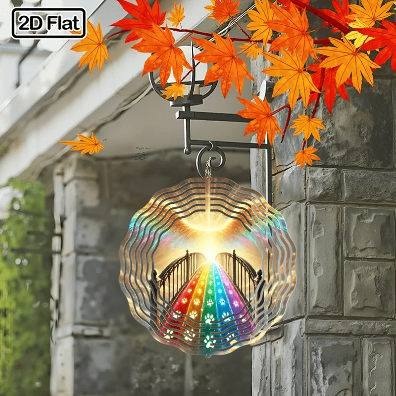 2D Flat, Rainbow Bridge Paw Print Rotating Wind Chime Pendant, 360-Degree Rotating Hook, Outdoor/Indoor Garden Yard Decor