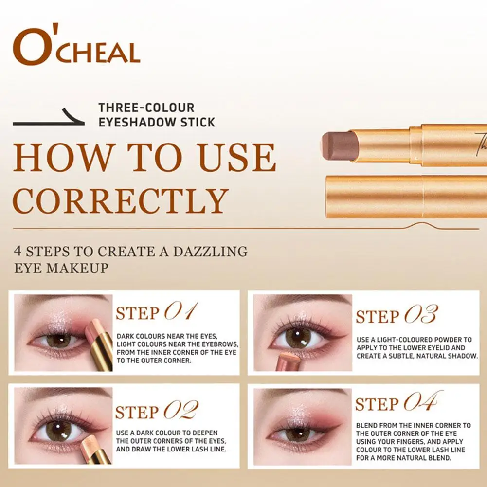 Bâton d'ombre à paupières progressif nacré à trois couleurs, bâton d'ombre à paupières paresseux pour novice, Texture lisse longue durée ﻿