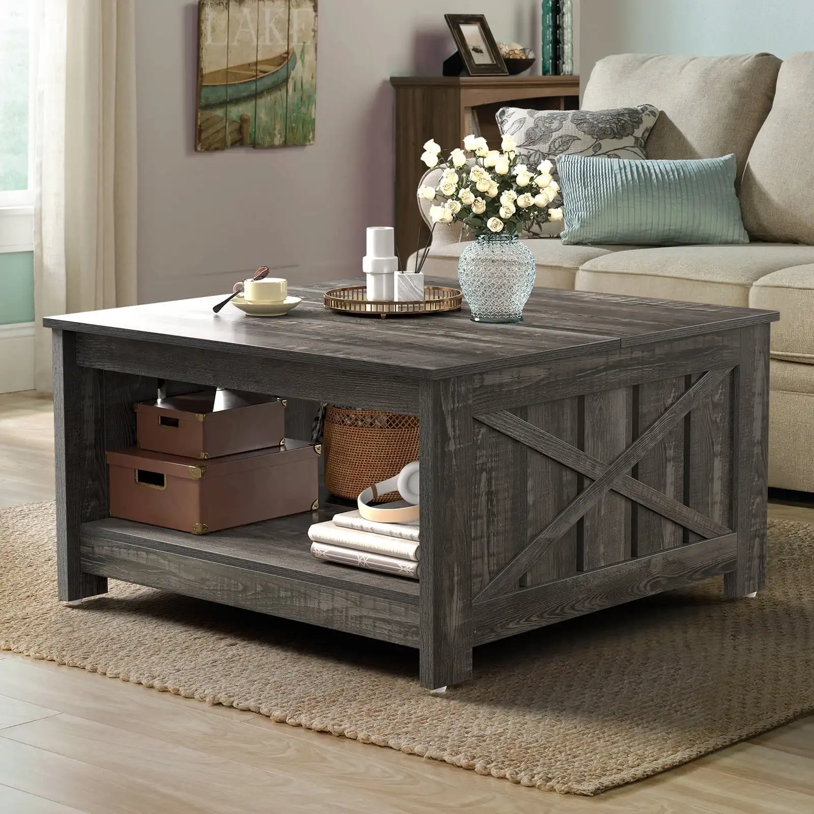 

Square Coffee Table, Farmhouse Coffee Table with Half Open Storage Compartment,