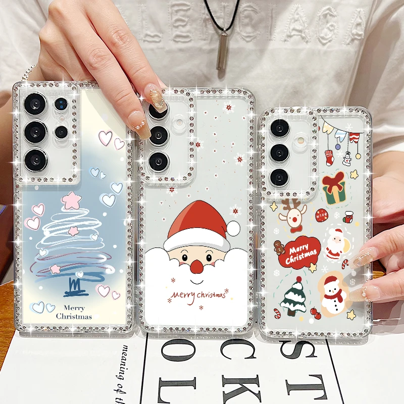 Christmas Pattern Diamond Case For Samsung Galaxy A56 A55 A54 5G A36 A35 A26 A16 A15 S21 FE S22 S23 S24 S25 Ultra S25 Edge Capa