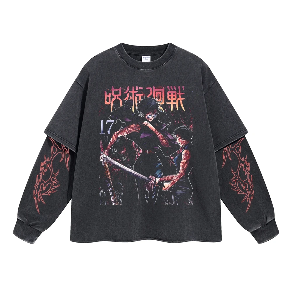 Men Fashion Anime Print Tshirt Jujutsu Kaisen T-Shirts 2026 Autumn Winter Long Sleeve Cotton Casual Unisex Washed Vintage Tee