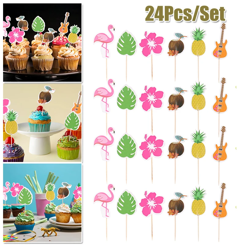 

24PCS Hawaiian Cake Toppers Flamingo & Pineapple Cupcake Decoration Tropical Summer Beach Birthday Bachelorette Party Supplies