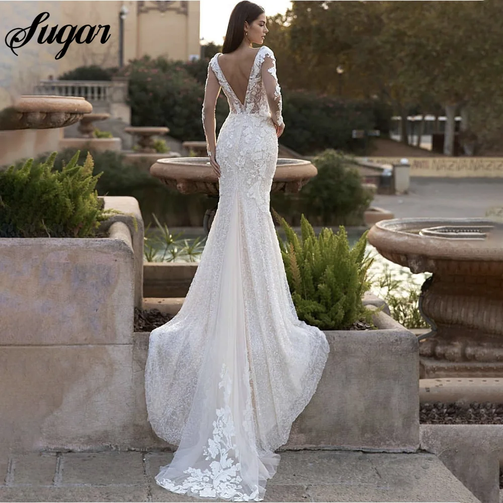 Robe de mariée sirène avec appliques de luxe, robe à paillettes, col en V, manches longues, dos, train de balayage, robe de mariée, robe éducative