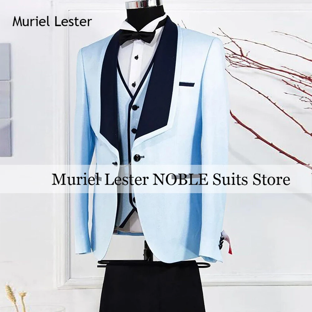 

Синие свадебные костюмы для мужчин Формальные смокинги для жениха Черный пиджак с зубчатыми лацканами Индивидуальный 3-х предметный пиджак Жилет Брюки Мужское платье Наряд