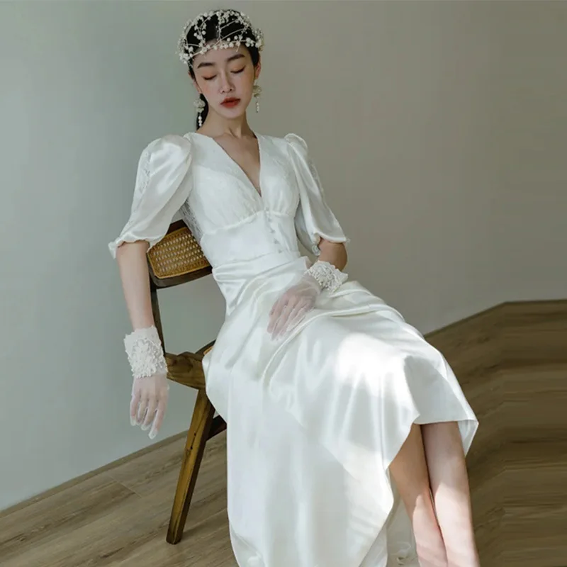 Атласное простое утягивающее элегантное платье с открытой спиной для путешествий, уличное платье с небольшим шлейфом и выходом, платье для приема для женщин