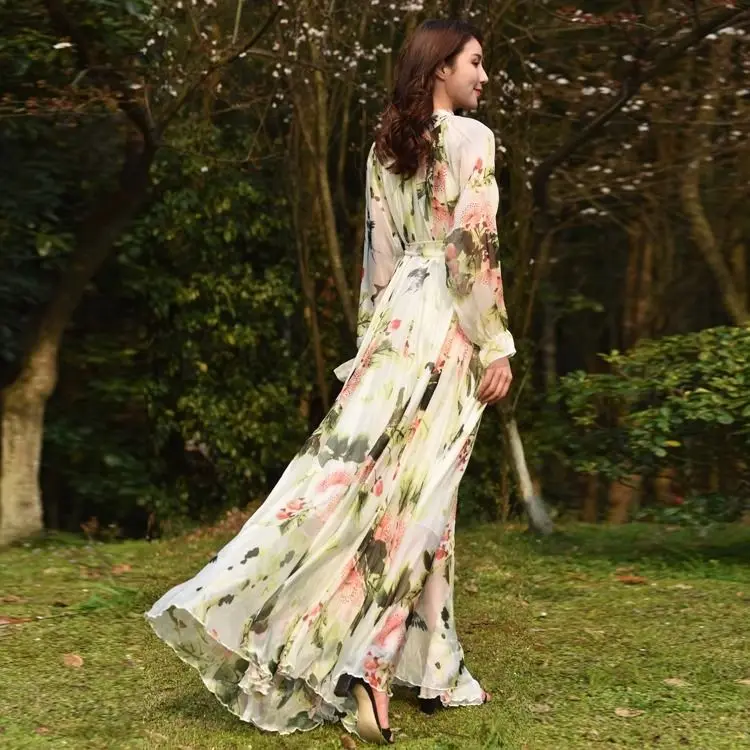 

Новое шифоновое платье с цветочным принтом, легкое, роскошное, элегантное, в стиле ретро, с длинными рукавами, высококачественное, для уличной моды, весна-лето, TS965