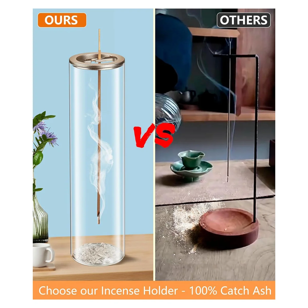 Incense Holder for Sticks [Anti-Ash Flying], Insence-Stick Burner Holder with Removable Glass Ash Catcher, for Home