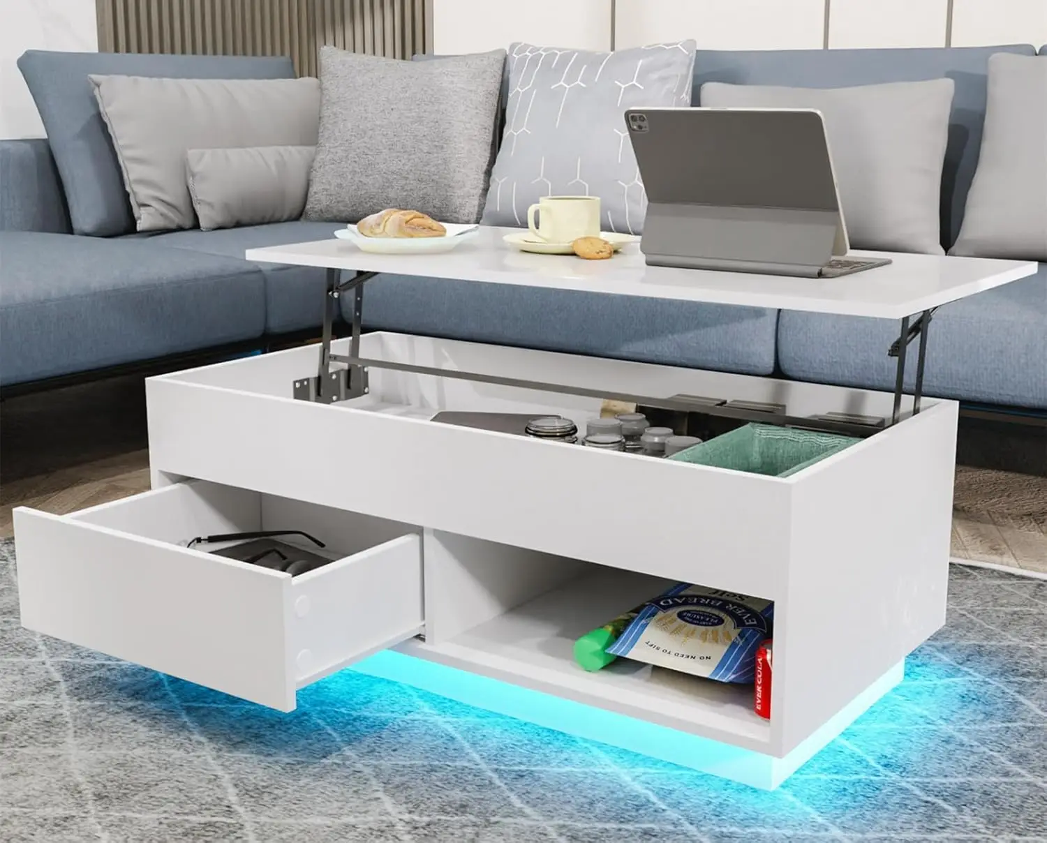 Table basse moderne à LED avec étagères ouvertes et MELWhite, table élévatrice, rangement, haute brillance, Morden, salon, 3 niveaux, 40 po