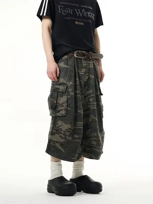 Celana Jeans Kerja Retro Kamuflase Amerika, Model Longgar Lurus Lebar, Multi-ket Kasual untuk Pria dan Wanita